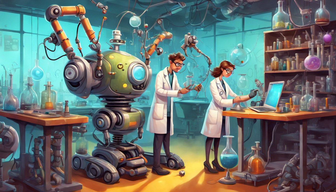 Male and female scientists building a robot and programming code.